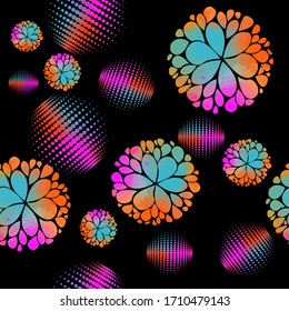 A seamless abstract background of multicolored circles and round flowers. Vector illustration
