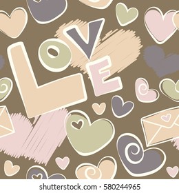 Seamless abstract background on a beige backdrop. Valentines day art. Background vector seamless pattern with falling hearts and love letter.
