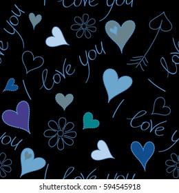 Seamless abstract background on a black. Valentines day art. Background vector seamless pattern with falling hearts and flowers in blue and violet colors.