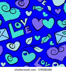 Seamless abstract background on a blue backdrop. Valentines day art. Background vector seamless pattern with falling hearts, rose flower and love letter.