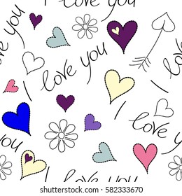 Seamless abstract background on a white. Valentines day art. Background vector seamless pattern with falling hearts and flowers in violet, purple and pink colors.