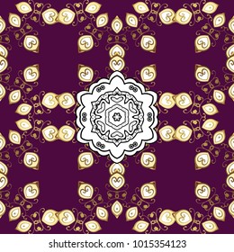 Seamless abstract background. Oriental vector classic purple, white and beige and golden pattern with white doodles.