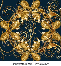 Seamless abstract background. Oriental vector classic yellow, blue and brown and golden pattern. Vector illustration.
