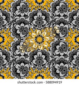 Seamless abstract background. Oriental vector classic yellow and golden pattern with white doodles.