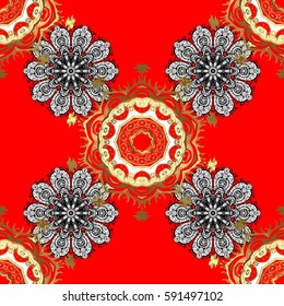 Seamless abstract background. Oriental vector classic red and golden pattern with white doodles.