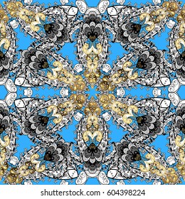 Seamless abstract background. Oriental vector classic blue and golden pattern with white doodles.