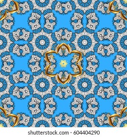 Seamless abstract background. Oriental vector classic blue and golden pattern with white doodles.