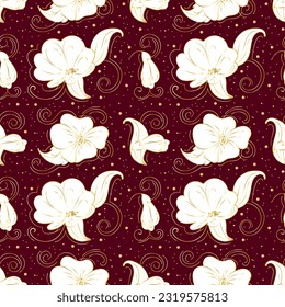 Seamless abstract background ornament with drawn white flowers and swirls on dark background. Design for fabric, composition, greeting card, wedding, wallpaper.  