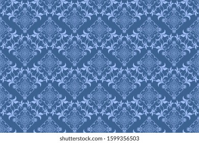 Seamless abstract background with ornament for wallpaper design.  Blue floral ornament on background. Seamless wallpaper pattern. Vector illustration