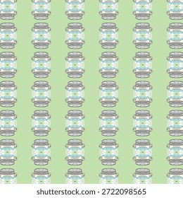 Seamless abstract background with pastel jars, repeating pattern, cute illustration texture for wallpaper, packaging, textile design, minimal art, playful aesthetic.