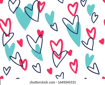 Seamless abstract background pattern in bright summer positive colors. Heart shape by contour and fill in different colors. Valentine's Day gift wrapping gift card.