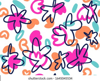 Seamless abstract background pattern in bright summer positive colors. Floral pattern with contour and fill in abstract forms.