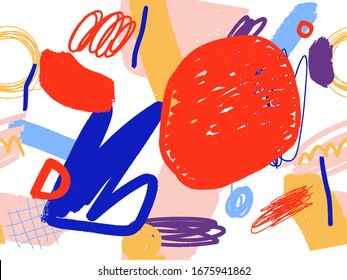 Seamless abstract background pattern in bright summer positive colors. Hand-drawn abstract pattern with randomly arranged spots and dots and lines. Pencil and paint texture.