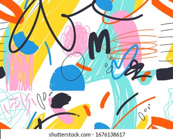 Seamless Abstract Background Pattern In Bright Summer Positive Colors. Hand-drawn Abstract Pattern With Randomly Arranged Spots And Dots And Lines. Pencil And Paint Texture.