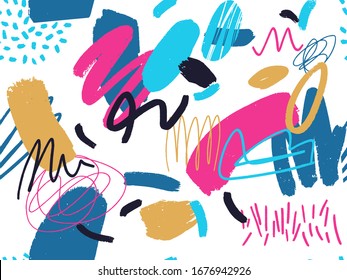 Seamless abstract background pattern in bright summer positive colors. Hand-drawn abstract pattern with randomly arranged spots and dots and lines. Pencil and paint texture.