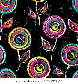 seamless abstract background pattern, with circles, strokes and splashes, on black, floral