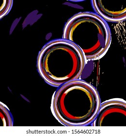 seamless abstract background pattern, with circles, strokes and splashes, on black