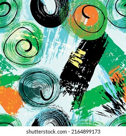 seamless abstract background pattern, with circles, stripes, swirls, paint strokes and splashes