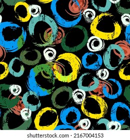 seamless abstract background pattern, with circles, swirls, paint strokes and splashes, on black