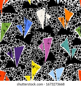 seamless abstract background pattern, with circles/dots, triangles, paint strokes and splashes