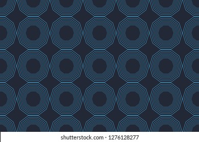 Seamless, abstract background pattern in decagon shapes made with lines in blue color. Decorative modern vector art.
