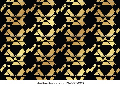 Seamless, abstract background pattern made with geometric shapes forming hexagons in gold and black colors. Decorative vector art.