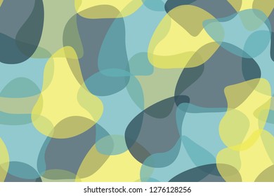 Seamless, abstract background pattern made with organic, transparent geometric shapes yellow, blue colors. Modern, playful vector art.