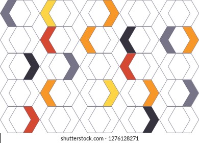 Seamless, abstract background pattern made with colorful chevron shapes uniting hexagon forms. Playful, modern vector art.