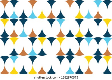 Seamless, abstract background pattern made with circular shapes in yellow, orange and blue colors. Modern, playful vector art.