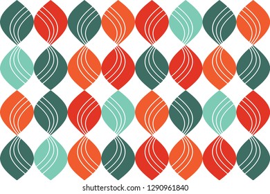 Seamless, abstract background pattern made with colorful, striped drop shapes. Playful, modern vector art. Green, orange and red colors on white background.