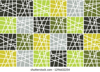 Seamless, abstract background pattern made with striped squares in tones of green color. Mosaic tile inspired vector art.