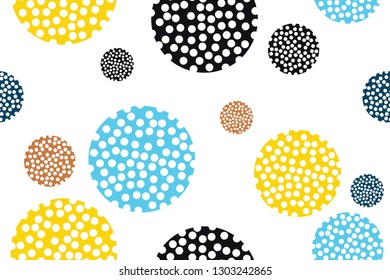 Seamless, abstract background pattern made with dotted circles in cell / science abstraction. Playful, modern and bright colored vector art.