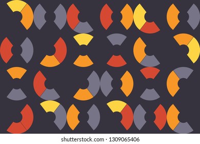 Seamless, abstract background pattern made with pieces of circle shapes. Modern, playful vector art in yellow, orange and grey colors.