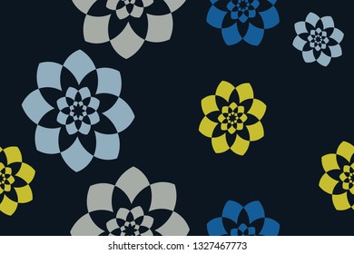 Seamless, abstract background pattern made with colorful geometric shapes in flower abstraction. Decorative vector art in yellow, blue and grey colors.
