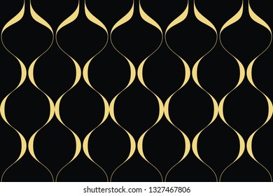 Seamless, abstract background pattern made with curvy gold colored lines forming retro geometric shapes. Luxurious, decorative vector art.