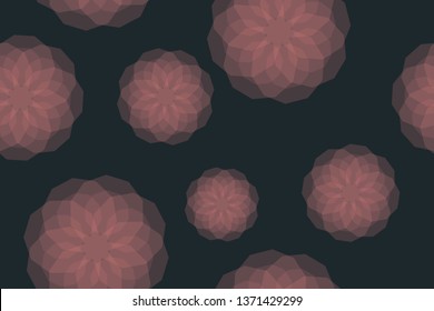 Seamless, abstract background pattern made with transparent decagon geometric shapes in flower abstraction. Decorative, modern vector art. Pastel pink color color on dark purple background.