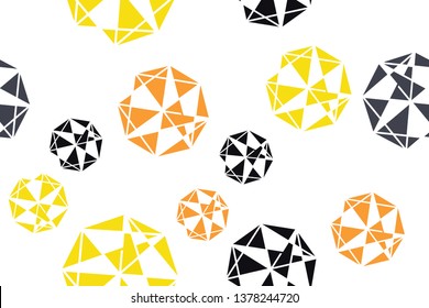 Seamless, abstract background pattern made triangle shapes forming decagons in technology abstraction. Decorative and geometric vector art in yellow, orange and black colors.
