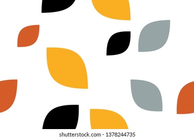 Seamless, abstract background pattern made with curvy drop like shapes in yellow, orange, grey and black colors. Playful, modern vector art.
