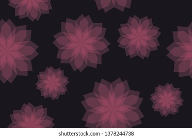 Seamless, abstract background pattern made with transparent geometric shapes in flower abstraction. Decorative, modern vector art in pink and purple colors.