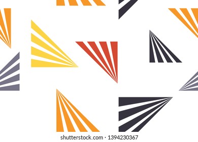 Seamless, abstract background pattern made with stripes forming triangle shapes. Playful, modern vector art. Grey, orange, yellow and black colors on white background.