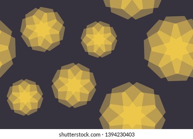 Seamless, abstract background pattern made with transparent geometric shapes in flower abstraction. Decorative, modern vector art in yellow and grey colors.