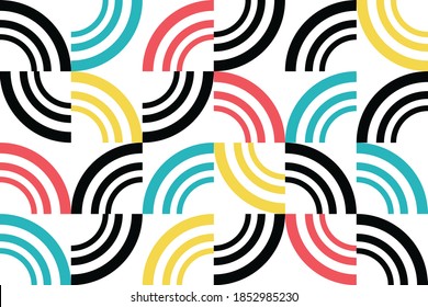 Seamless, abstract, background pattern made with circular stripes. Modern, fun, playful geometric vector art in blue, yellow, red, black colors.