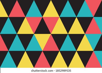 Seamless, abstract background pattern made with colorful triangle shapes. Modern, simple, fun and playful vector art in blue, yellow, red and black colors.