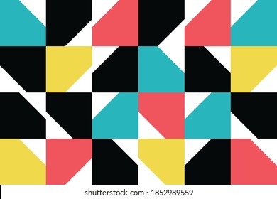 Seamless, abstract background pattern made with colorful geometric polygonal shapes (pentagons). Modern, simple, playful vector art in red, blue, yellow and black colors.