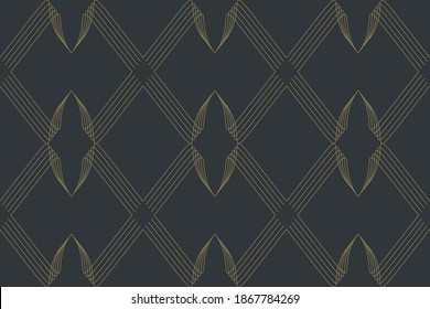 Seamless, abstract background pattern made with repeated lines forming geometric shapes. Retro style, luxurious vector art in green and grey colors.