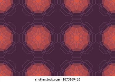 Seamless abstract background pattern made with geometric shapes. Decorative, retro looking vector art in orange and purple colors.