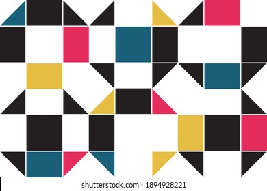 Seamless, abstract background pattern made with colorful geometric shapes (triangles and rectangles). Modern, trendy, simple and playful vector art in yellow, blue, pink and black colors.