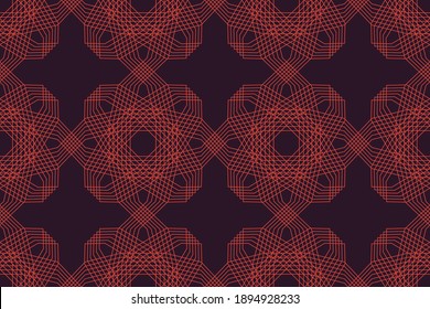 Seamless, abstract background pattern made with repeated lines forming polygonal geometric shapes in flower abstraction. Modern, playful vector art in red and purple colors.