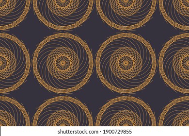 Seamless, abstract background pattern made with repeated curvy lines forming circles in sun and windmill abstraction. Simple and modern vector art in yellow and grey colors.