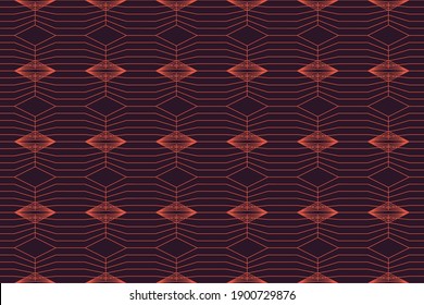 Seamless, abstract background pattern made with repeated lines forming rhombus and octagon geometric shapes. Decorative vector art in red and purple colors.